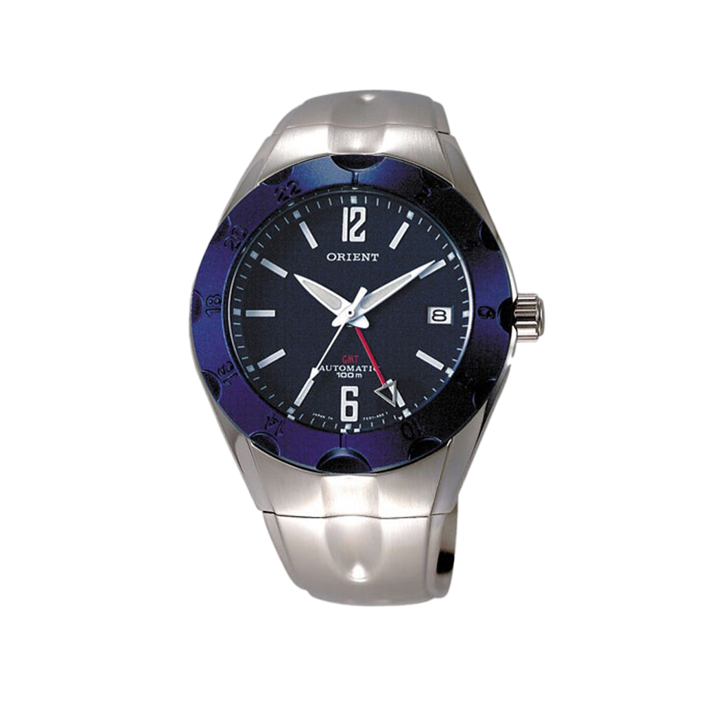 ORIENT: Rare GMT Automatic Watch Blue Dial Metal Strap Made in Japan (FE01002D)