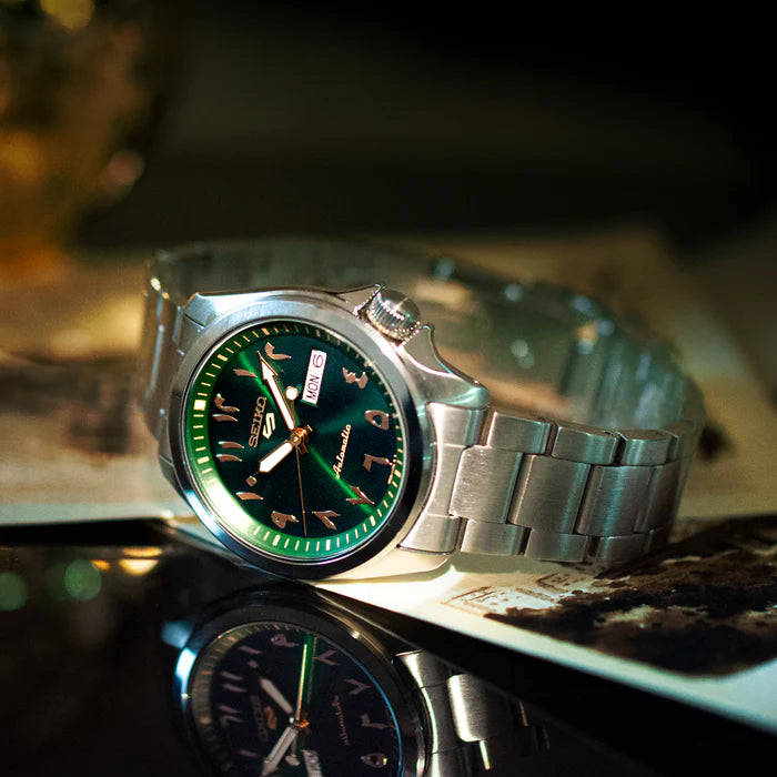 SEIKO: Seiko5 Mechanical Sports Watch, Metal Strap -Arabic Green Dial - 39.4mm (SRPH49K1), Made in Japan.