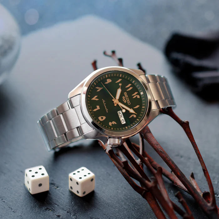 SEIKO: Seiko5 Mechanical Sports Watch, Metal Strap -Arabic Green Dial - 39.4mm (SRPH49K1), Made in Japan.