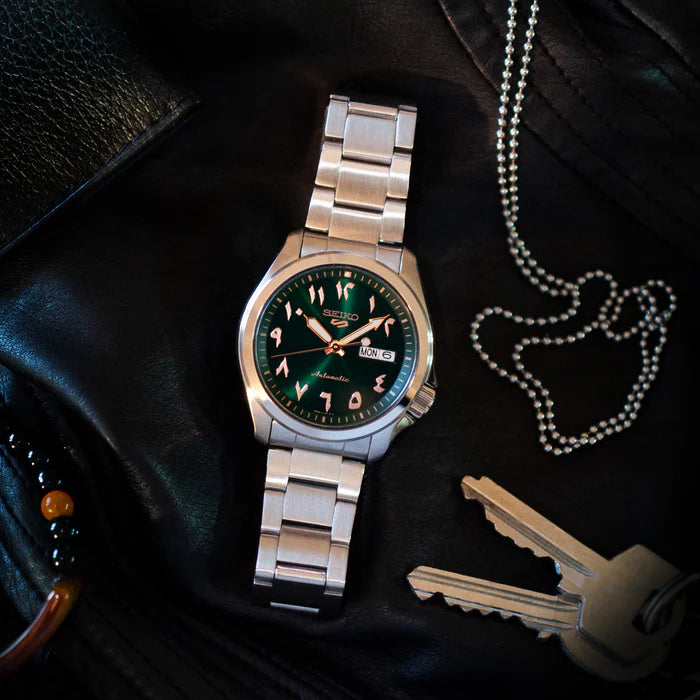SEIKO: Seiko5 Mechanical Sports Watch, Metal Strap -Arabic Green Dial - 39.4mm (SRPH49K1), Made in Japan.