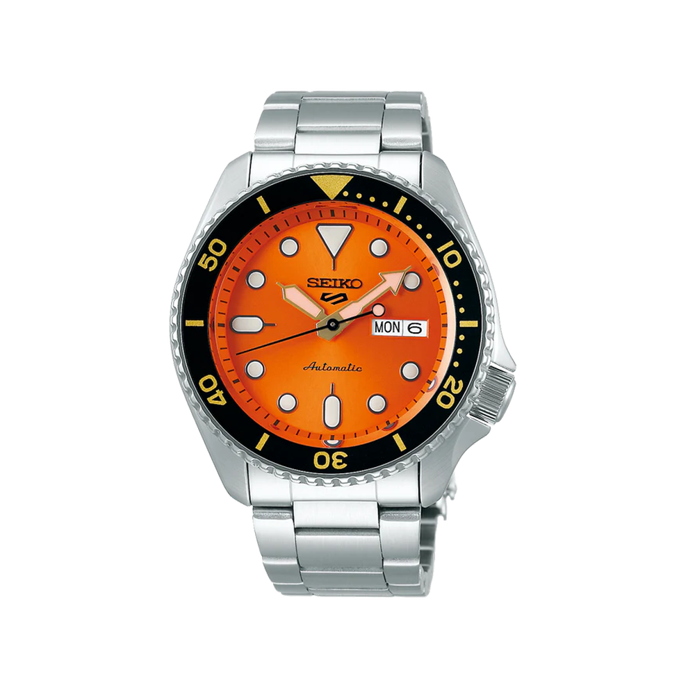 SEIKO: Seiko5 Mechanical Sports Watch, Metal Strap - Orange Dial - 42.5mm (SRPD59K1) Made in Japan.