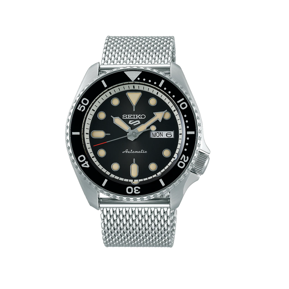 SEIKO: Seiko5 Mechanical Sports Watch, Metal Strap - Black Dial - 42.5mm (SRPD73K1) Made in Japan.