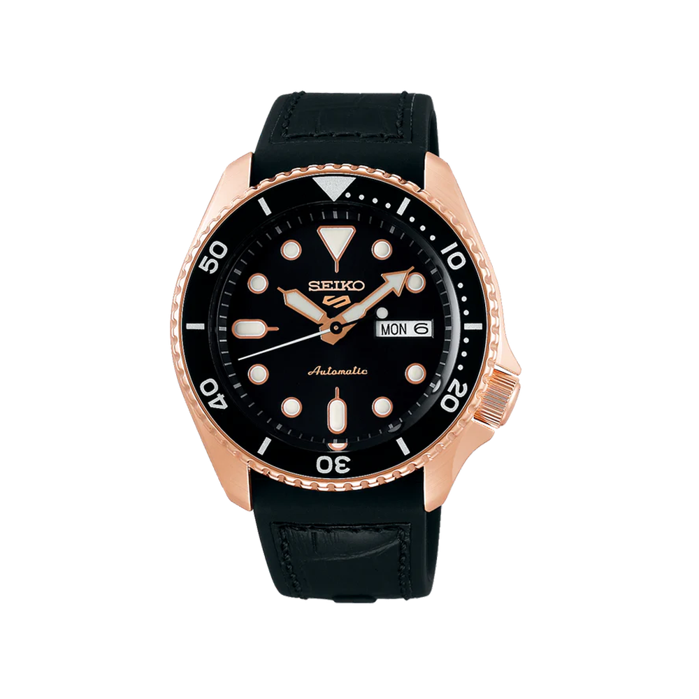 SEIKO: Seiko5 Mechanical Sports Watch, Leather Strap - Black Dial - 42.5mm (SRPD76K1) Made in Japan.