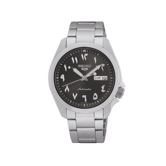 SEIKO: Seiko5 Mechanical Sports Watch, Metal Strap -Arabic Black Dial - 39.4mm (SRPH47K1), Made in Japan.