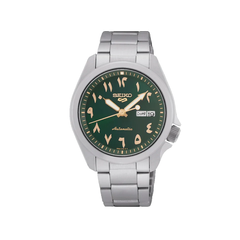 SEIKO: Seiko5 Mechanical Sports Watch, Metal Strap -Arabic Green Dial - 39.4mm (SRPH49K1), Made in Japan.