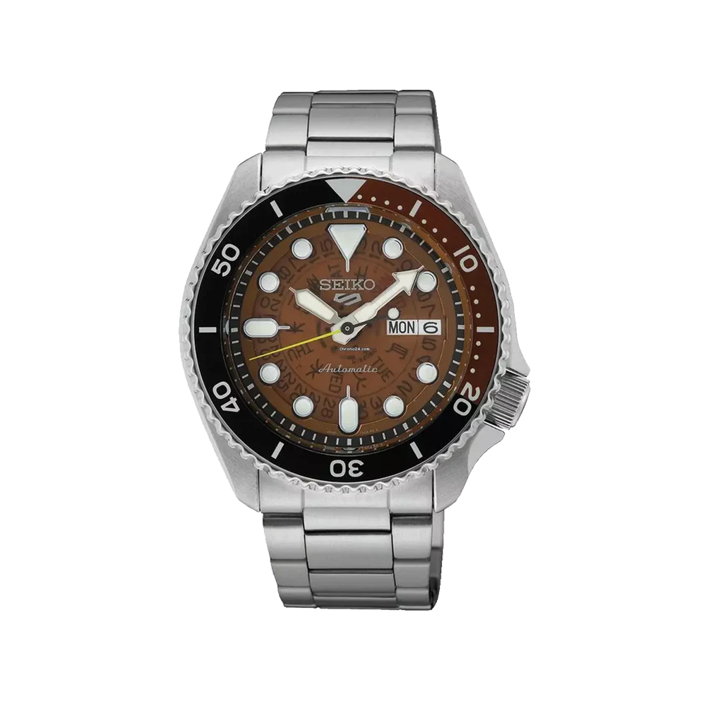 SEIKO: Seiko5 Mechanical Sports Watch, Metal Strap - Orange Dial - 42.5mm (SRPJ47K1) Made in Japan.