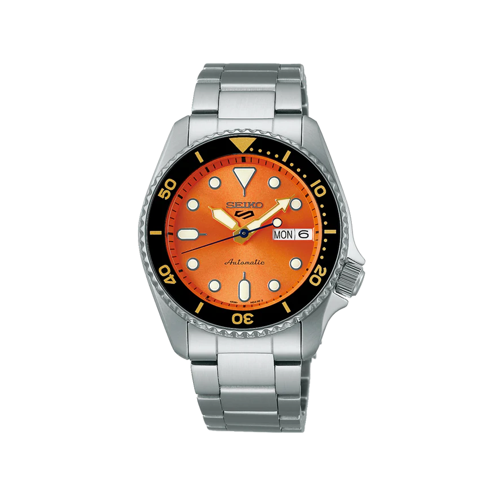 SEIKO: Seiko5 Mechanical Sports Watch, Metal Strap - Orange Dial - 38mm (SRPK35K1) Made in Japan.