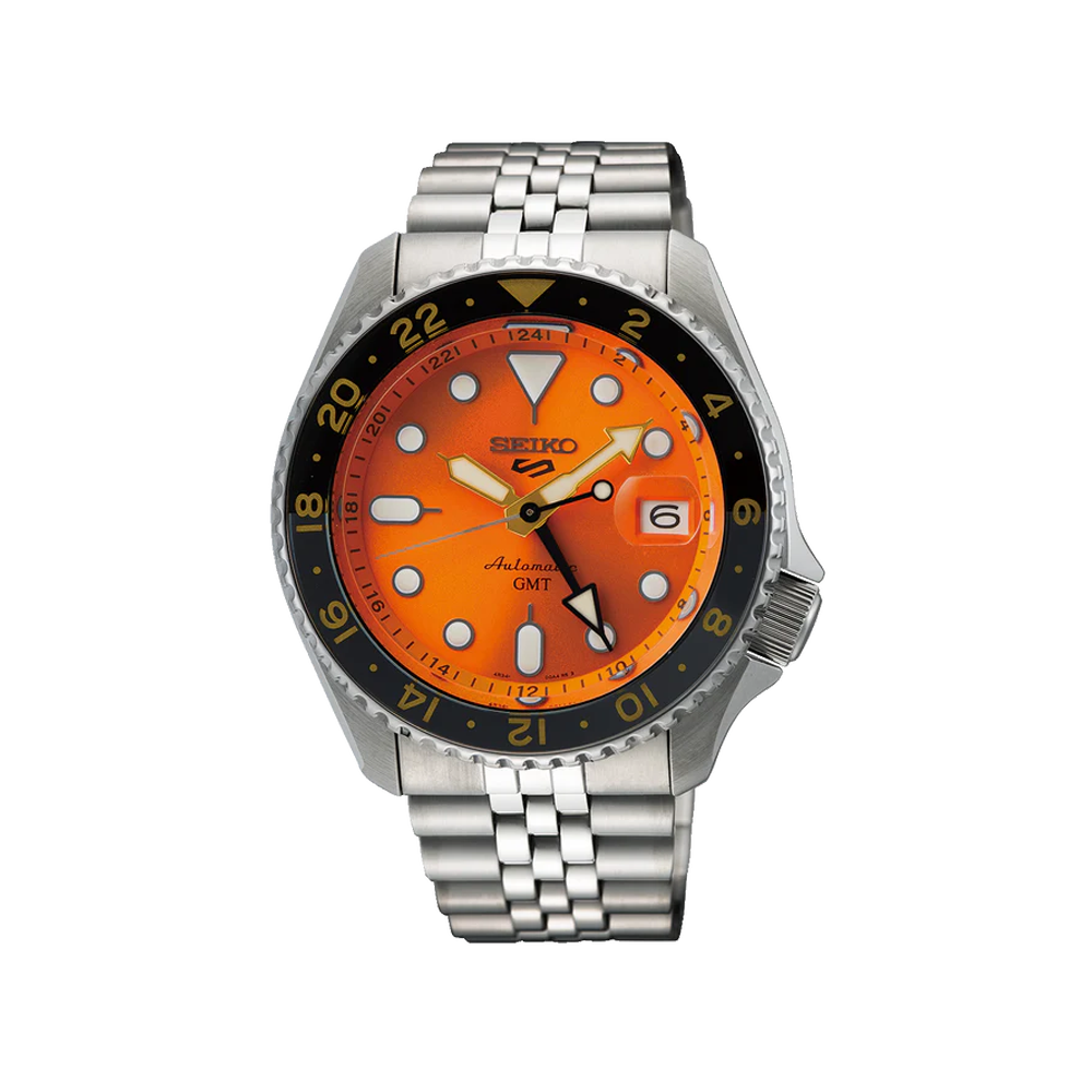 SEIKO: Seiko5 GMT Mechanical Sports Watch, Metal Strap - Orange Dial - 42.5mm (SSK005K1) Made in Japan.