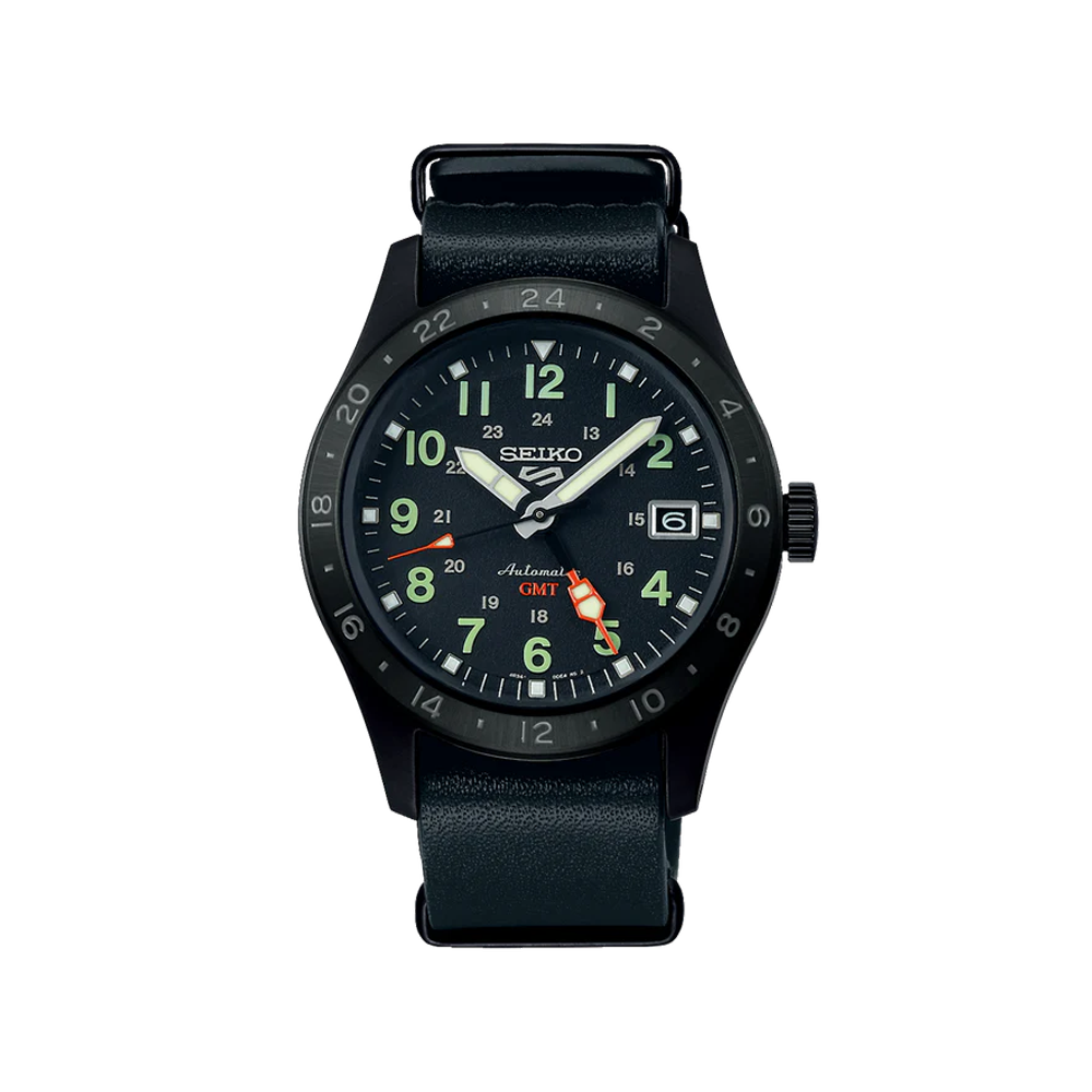 SEIKO: Seiko5 Mechanical ‘Field’ ‘Deception’ Mechanical GMT Watch, Leather Strap - Black Dial - 39.4mm (SSK025K1) Made in Japan.