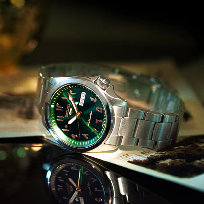 SEIKO: Seiko5 Mechanical Sports Watch, Metal Strap -Arabic Green Dial - 39.4mm (SRPH49K1), Made in Japan.