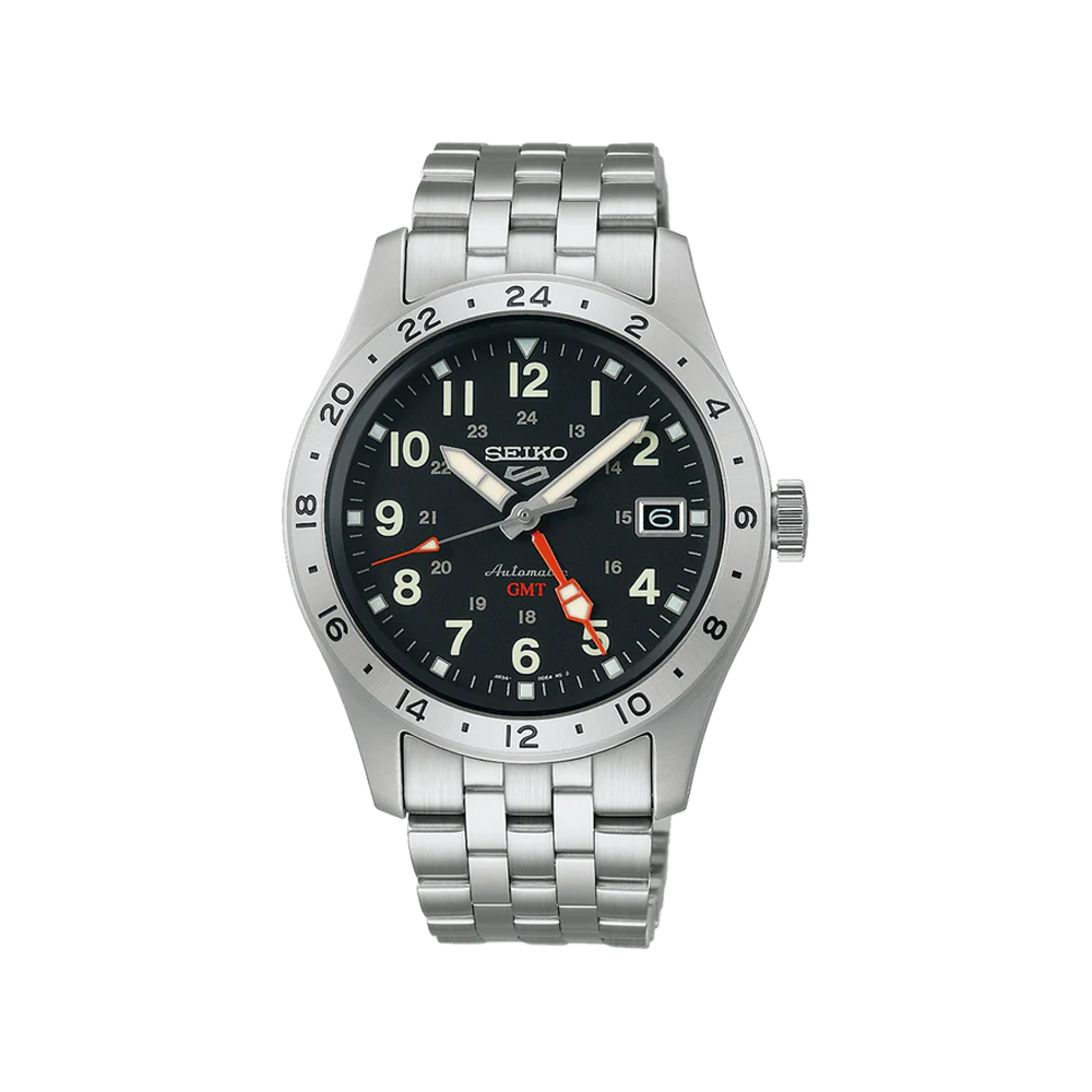 SEIKO: Seiko5 Mechanical ‘Field’ ‘Deploy’ Mechanical GMT Watch, Metal Strap - Black Dial - 39.4mm (SSK023K1) Made in Japan.